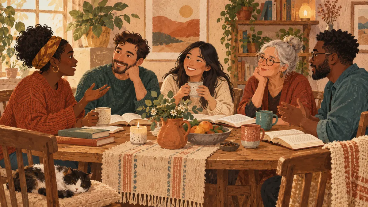 Ilustracja osób rozmawiających o książkach przy domowym stole.