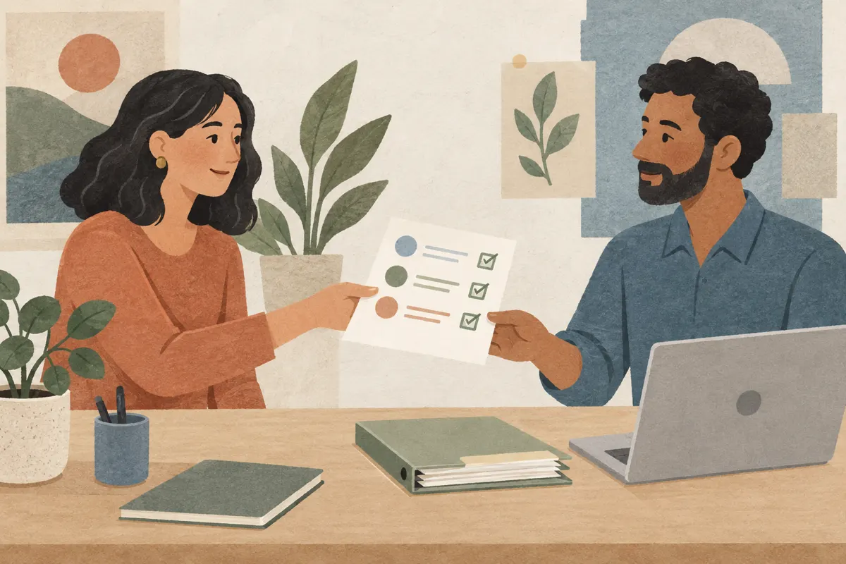 Ilustracja dwóch współpracowników przekazujących instrukcję zadania przy biurku