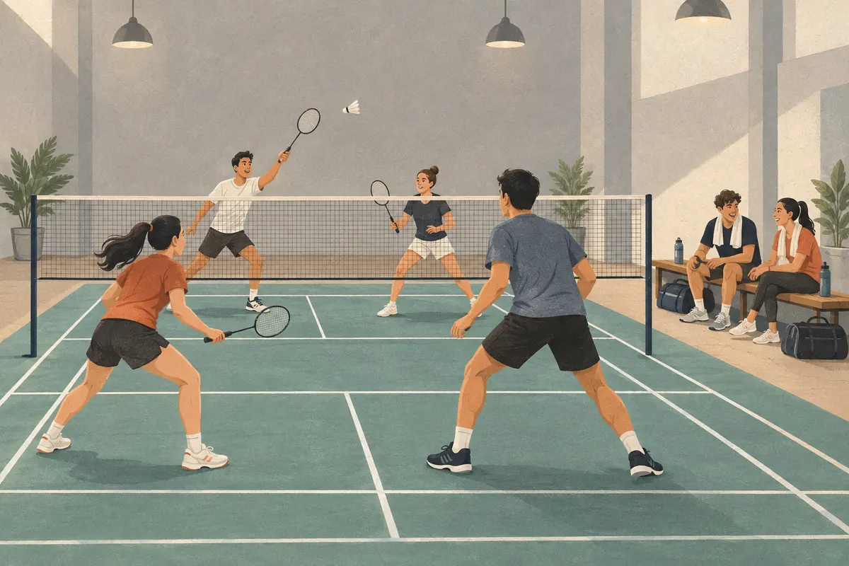 Ilustracja sześciu osób podczas rekreacyjnego turnieju badmintona na jednym boisku.